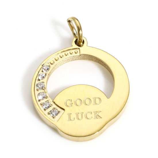 Изображение 1 ШТ вакуумное покрытие 316 Нержавеющая сталь Геометрический Подвески Круглые Позолоченный Сообщение“ GOOD LUCK ” ажурная резьба Прозрачный Искусственный Циркон 14мм x 12мм