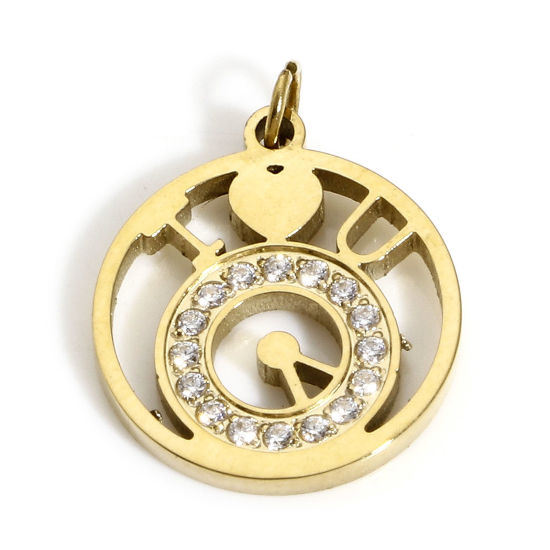 Изображение 1 ШТ вакуумное покрытие 316 Нержавеющая сталь Геометрический Подвески Колокол Позолоченный Круглые ажурная резьба Прозрачный Искусственный Циркон 13.5мм x 12мм