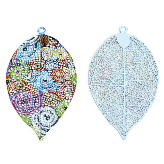 Picture of 5 PCs Iron Based Alloy Filigree Stamping Pendants Multicolor Leaf Painted 5.5cm x 2.9cm