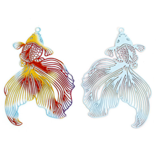 Picture of 5 PCs Iron Based Alloy Filigree Stamping Pendants Multicolor Goldfish Painted 4.9cm x 3.1cm