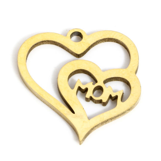 Bild von 1 Stück Umweltfreundliche PVD-Vakuumbeschichtung 304 Edelstahl Valentinstag Charms Herz 18K Echtgold plattiert Message " Mom " Hohl 16mm x 15mm