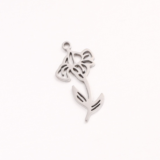 Bild von 1 Stück 304 Edelstahl Februar Geburtsmonat Blume Charms Silberfarbe Iris Blume Hohl 10mm x 20mm