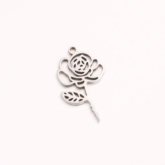 Bild von 1 Stück 304 Edelstahl Juni Geburtsmonat Blume Charms Silberfarbe Rose Hohl 10mm x 20mm