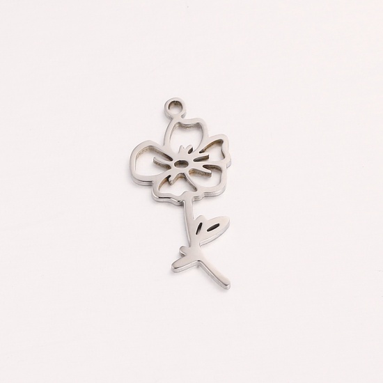 Bild von 1 Stück 304 Edelstahl August Geburtsmonat Blume Charms Silberfarbe Mohnblumen Hohl 10mm x 20mm