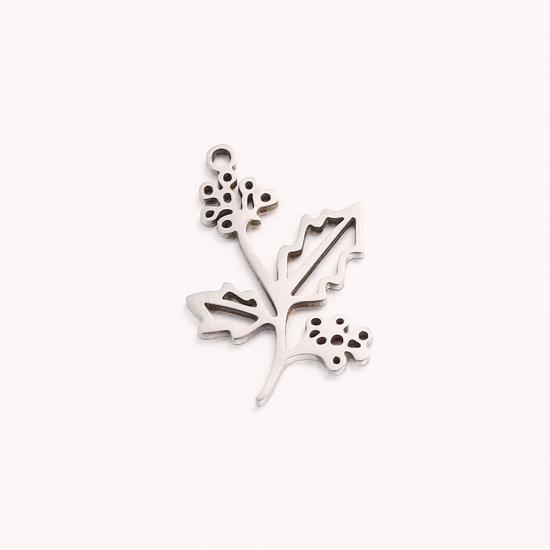 Bild von 1 Stück 304 Edelstahl Dezember Geburtsmonat Blume Charms Silberfarbe Weihnachten Stechpalmblätter Hohl 10mm x 20mm