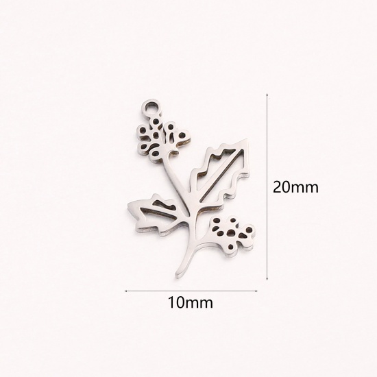 Bild von 1 Stück 304 Edelstahl Dezember Geburtsmonat Blume Charms Silberfarbe Weihnachten Stechpalmblätter Hohl 10mm x 20mm