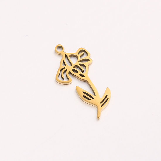 Bild von 1 Stück 304 Edelstahl Februar Geburtsmonat Blume Charms Vergoldet Iris Blume Hohl 10mm x 20mm