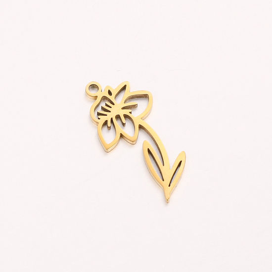 Bild von 1 Stück 304 Edelstahl März Geburtsmonat Blume Charms Vergoldet Narzissenblume Hohl 10mm x 20mm