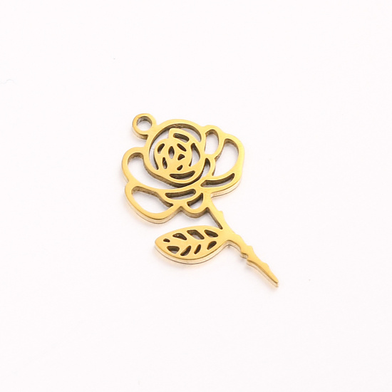 Bild von 1 Stück 304 Edelstahl Juni Geburtsmonat Blume Charms Vergoldet Rose Hohl 10mm x 20mm