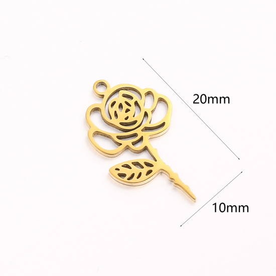 Bild von 1 Stück 304 Edelstahl Juni Geburtsmonat Blume Charms Vergoldet Rose Hohl 10mm x 20mm