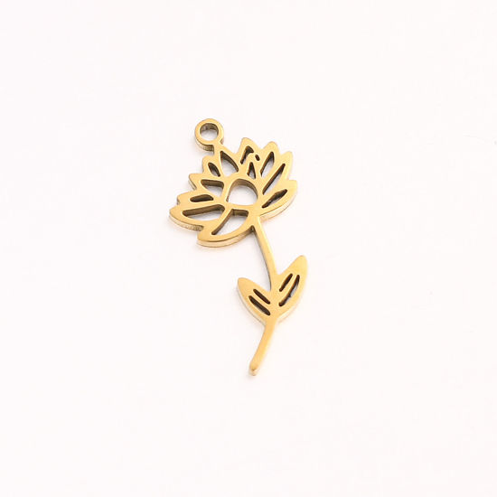 Bild von 1 Stück 304 Edelstahl Juli Geburtsmonat Blume Charms Vergoldet Seerosenblume Hohl 10mm x 20mm