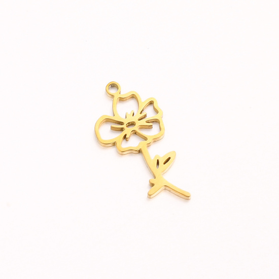 Bild von 1 Stück 304 Edelstahl August Geburtsmonat Blume Charms Vergoldet Mohnblumen Hohl 10mm x 20mm