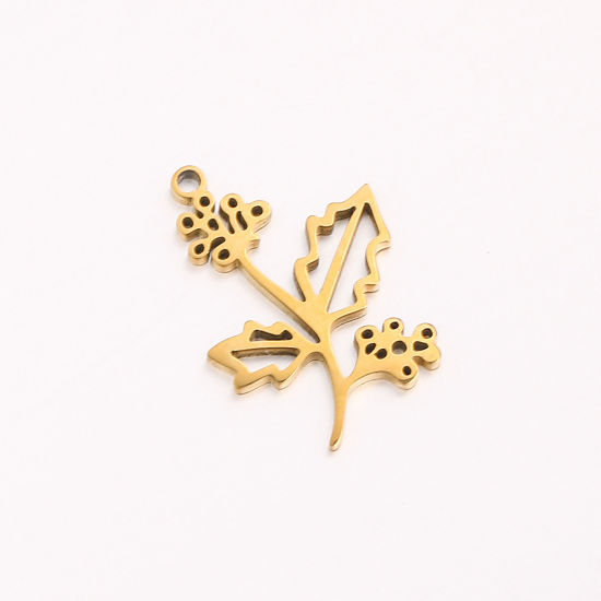 Bild von 1 Stück 304 Edelstahl Dezember Geburtsmonat Blume Charms Vergoldet Weihnachten Stechpalmblätter Hohl 10mm x 20mm