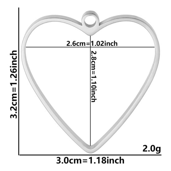 Picture of 2 PCs 304 Stainless Steel Open Back Bezel Pendants For Resin Silver Tone Heart Hollow 3.2cm x 3cm