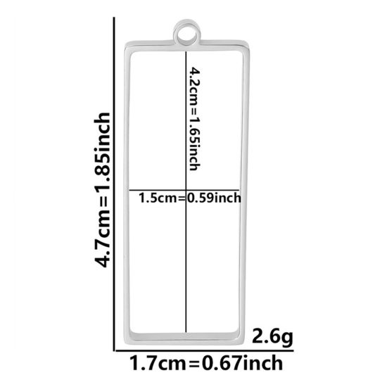 Picture of 2 PCs 304 Stainless Steel Open Back Bezel Pendants For Resin Silver Tone Rectangle Hollow 4.7cm x 1.7cm