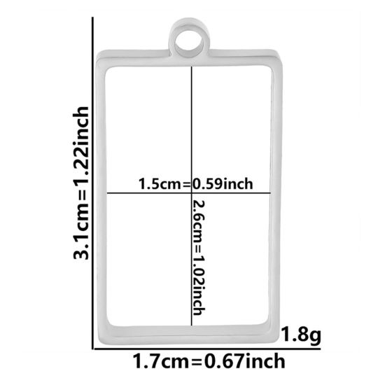 Picture of 2 PCs 304 Stainless Steel Open Back Bezel Pendants For Resin Silver Tone Rectangle Hollow 3.1cm x 1.7cm