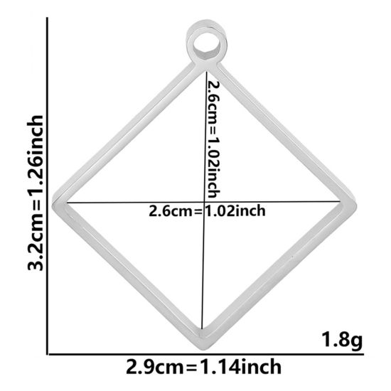 Picture of 2 PCs 304 Stainless Steel Open Back Bezel Pendants For Resin Silver Tone Rhombus Hollow 3.2cm x 2.9cm