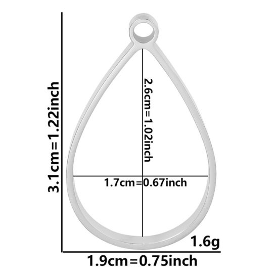 Picture of 2 PCs 304 Stainless Steel Open Back Bezel Pendants For Resin Silver Tone Drop Hollow 3.1cm x 1.9cm