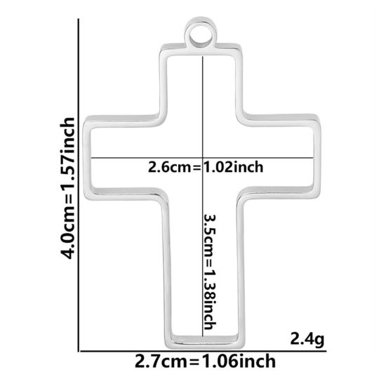 Picture of 2 PCs 304 Stainless Steel Open Back Bezel Pendants For Resin Silver Tone Cross Hollow 4cm x 2.7cm