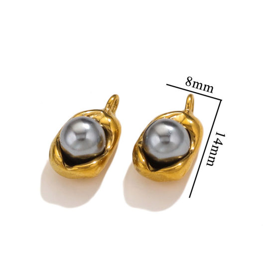 Immagine di 1 Pz 304 Acciaio Inossidabile Charms Pisello Placcato Oro 18K Grigio Scuro Imitata Perla 14mm x 8mm
