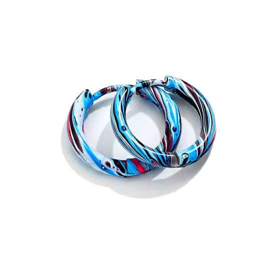 Picture of 1 Pair 304 Stainless Steel Hoop Earrings Multicolor Round Enamel 12mm Dia.
