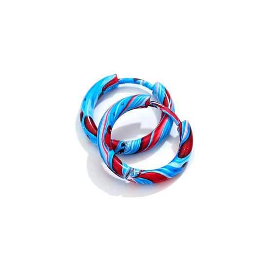 Picture of 1 Pair 304 Stainless Steel Hoop Earrings Red & Blue Round Enamel 12mm Dia.