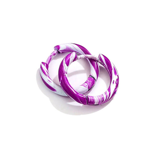 Picture of 1 Pair 304 Stainless Steel Hoop Earrings White & Purple Round Enamel 12mm Dia.