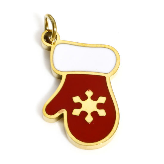 Immagine di 1 Pz Placcatura Sottovuoto PVD Ecologica 304 Acciaio Inossidabile Ciondoli Oro Placcato Bianco & Rosso Guanti di Natale Fiocco di Neve Smalto 21mm x 12mm