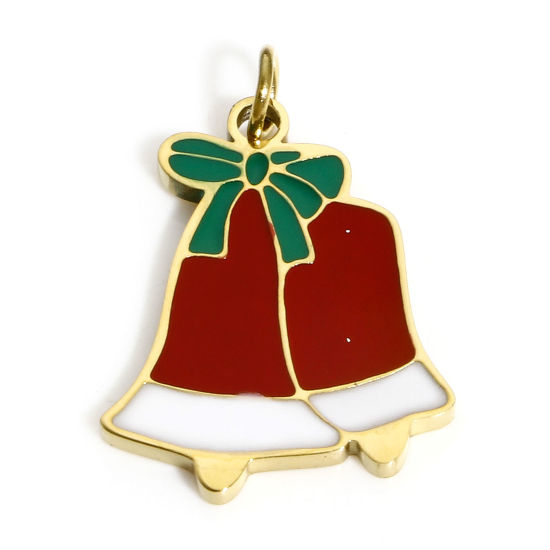 Immagine di 1 Pz Placcatura Sottovuoto PVD Ecologica 304 Acciaio Inossidabile Ciondoli Oro Placcato Multicolore Natale Jingling Campanello Cravatta a Farfalla Smalto 20mm x 14mm