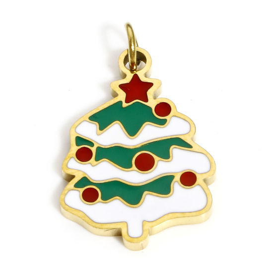 Immagine di 1 Pz Placcatura Sottovuoto PVD Ecologica 304 Acciaio Inossidabile Ciondoli Oro Placcato Multicolore Albero di Natale Stella a Cinque Punte Smalto 20mm x 12mm