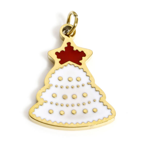 Immagine di 1 Pz Placcatura Sottovuoto PVD Ecologica 304 Acciaio Inossidabile Ciondoli Oro Placcato Bianco & Rosso Albero di Natale Stella a Cinque Punte Smalto 20mm x 13mm