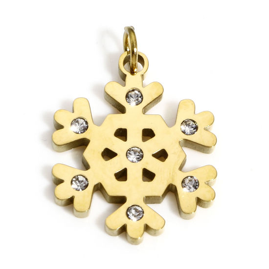 Immagine di 1 Pz Placcatura Sottovuoto PVD Ecologica 304 Acciaio Inossidabile Ciondoli Oro Placcato Natale Fiocco di Neve Smalto Trasparente Strass 20mm x 13.5mm