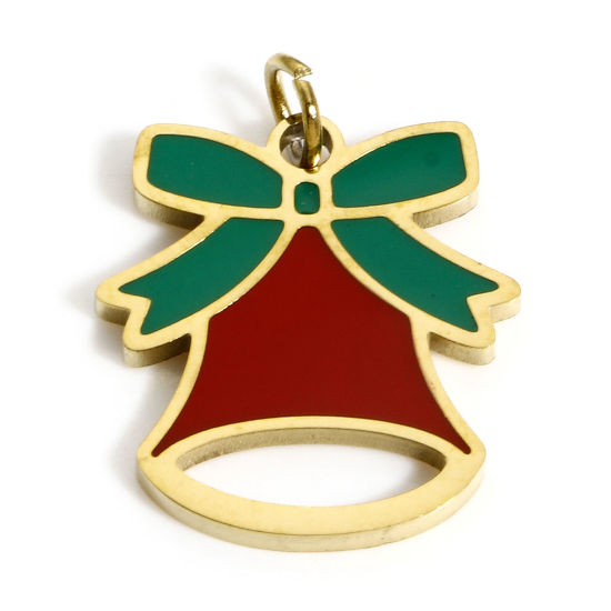 Immagine di 1 Pz Placcatura Sottovuoto PVD Ecologica 304 Acciaio Inossidabile Ciondoli Oro Placcato Rosso & Verde Natale Jingling Campanello Cravatta a Farfalla Smalto 18mm x 14mm