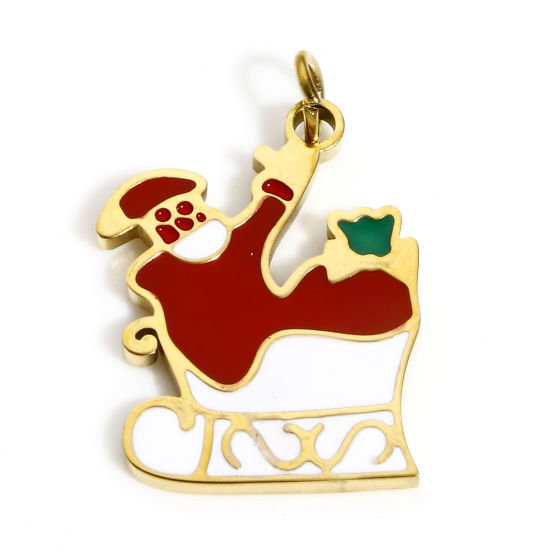 Immagine di 1 Pz Placcatura Sottovuoto PVD Ecologica 304 Acciaio Inossidabile Ciondoli Oro Placcato Bianco & Rosso Natale Slitta Babbo Natale Smalto 20mm x 13mm