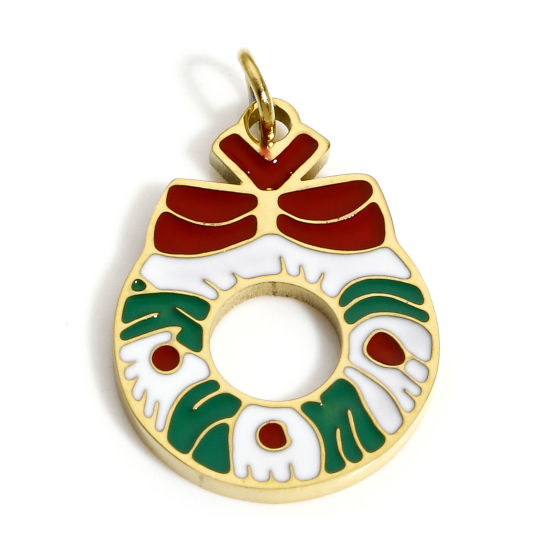 Immagine di 1 Pz Placcatura Sottovuoto PVD Ecologica 304 Acciaio Inossidabile Ciondoli Oro Placcato Multicolore Corona di Natale Cravatta a Farfalla Smalto 20mm x 13mm