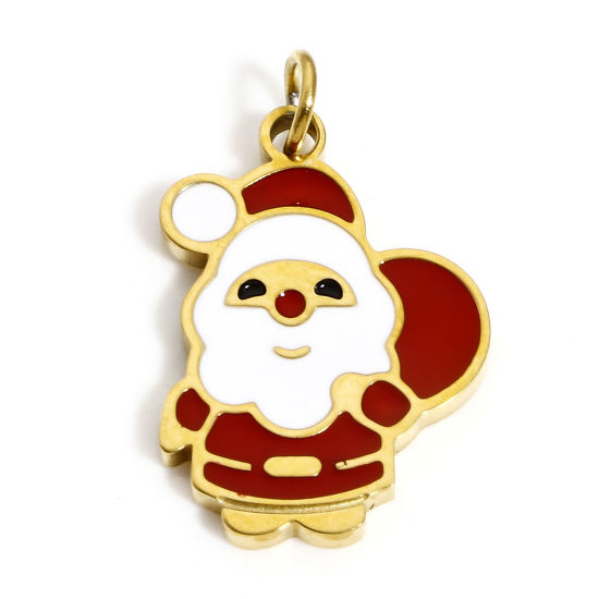 Immagine di 1 Pz Placcatura Sottovuoto PVD Ecologica 304 Acciaio Inossidabile Ciondoli Oro Placcato Bianco & Rosso Babbo Natale Smalto 20mm x 12mm