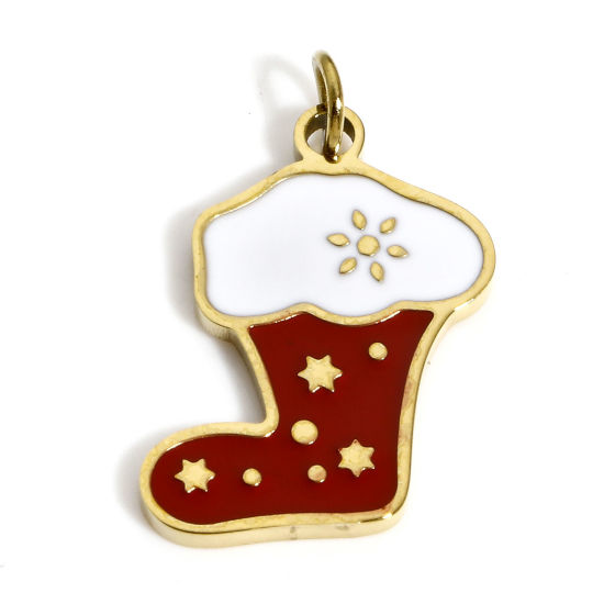 Immagine di 1 Pz Placcatura Sottovuoto PVD Ecologica 304 Acciaio Inossidabile Ciondoli Oro Placcato Bianco & Rosso Calza di Natale Stella Smalto 20mm x 13mm