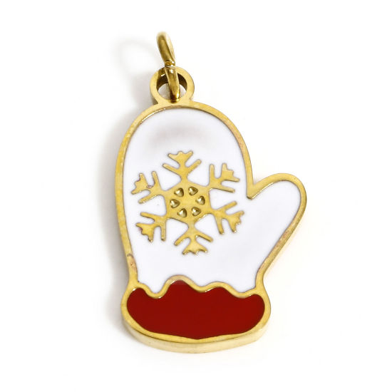 Immagine di 1 Pz Placcatura Sottovuoto PVD Ecologica 304 Acciaio Inossidabile Ciondoli Oro Placcato Bianco & Rosso Guanti di Natale Fiocco di Neve Smalto 20mm x 11mm