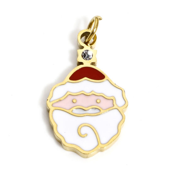 Immagine di 1 Pz Placcatura Sottovuoto PVD Ecologica 304 Acciaio Inossidabile Ciondoli Oro Placcato Bianco & Rosso Babbo Natale Smalto Trasparente Strass 20mm x 10mm