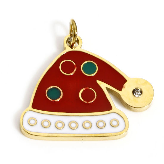 Immagine di 1 Pz Placcatura Sottovuoto PVD Ecologica 304 Acciaio Inossidabile Ciondoli Oro Placcato Bianco & Rosso Cappelli di Natale Smalto Trasparente Strass 18mm x 17mm