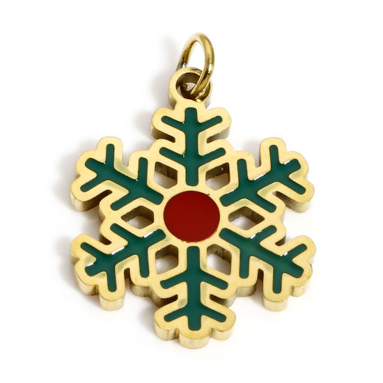 Immagine di 1 Pz Placcatura Sottovuoto PVD Ecologica 304 Acciaio Inossidabile Ciondoli Oro Placcato Rosso & Verde Natale Fiocco di Neve Smalto 20mm x 14mm
