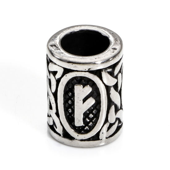 Picture of 1 Piece 304 Stainless Steel Religious Beads For DIY Charm Jewelry Making Cylinder Antique Silver Color Greek Alphabet 13mm x 10mm