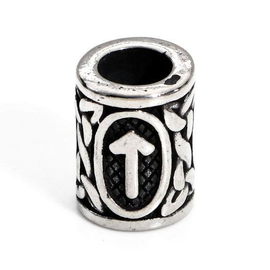 Picture of 1 Piece 304 Stainless Steel Religious Beads For DIY Charm Jewelry Making Cylinder Antique Silver Color Greek Alphabet 13mm x 10mm
