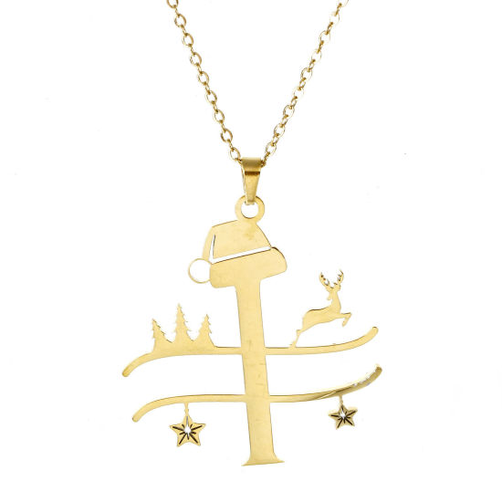 Immagine di 1 Pz 304 Acciaio Inossidabile Cavo Catena Collana Oro Placcato Cappelli di Natale Renna Messaggio " I " 40cm Lunghezza