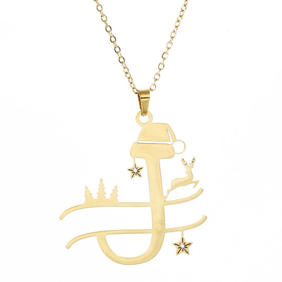 Immagine di 1 Pz 304 Acciaio Inossidabile Cavo Catena Collana Oro Placcato Cappelli di Natale Renna Messaggio " J " 40cm Lunghezza