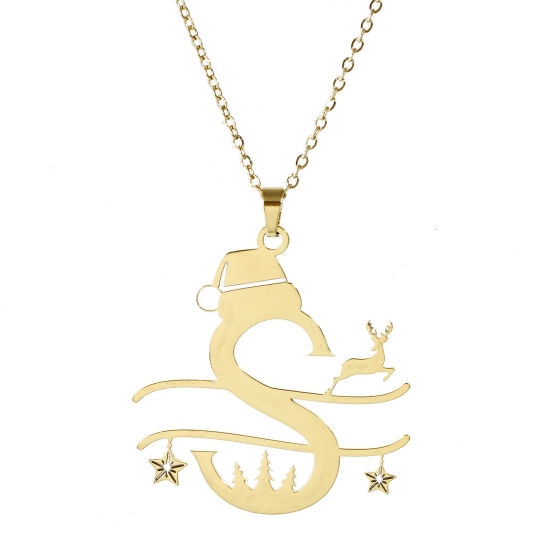 Immagine di 1 Pz 304 Acciaio Inossidabile Cavo Catena Collana Oro Placcato Cappelli di Natale Renna Messaggio " S " 40cm Lunghezza