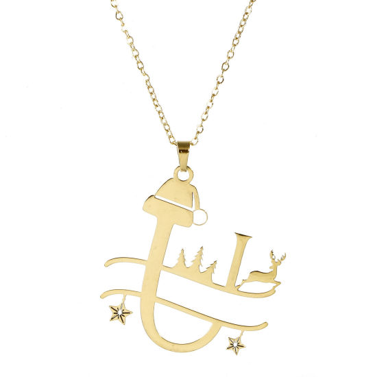 Immagine di 1 Pz 304 Acciaio Inossidabile Cavo Catena Collana Oro Placcato Cappelli di Natale Renna Messaggio " U " 40cm Lunghezza