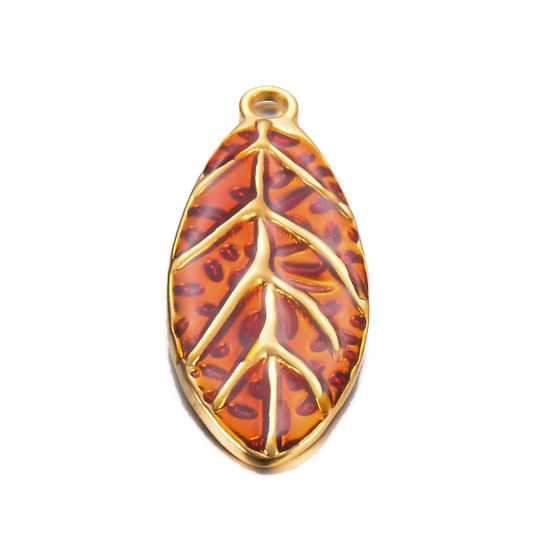 Immagine di 1 Pz 304 Acciaio Inossidabile Retrò Ciondoli Oro Placcato Rosso Arancione Foglia Smalto 40mm x 16mm