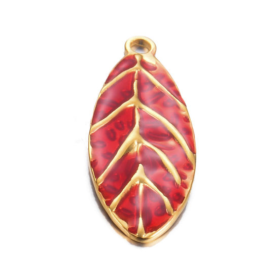 Immagine di 1 Pz 304 Acciaio Inossidabile Retrò Ciondoli Oro Placcato Rosso Foglia Smalto 40mm x 16mm