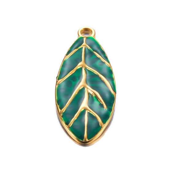 Immagine di 1 Pz 304 Acciaio Inossidabile Retrò Ciondoli Oro Placcato Verde Foglia Smalto 40mm x 16mm